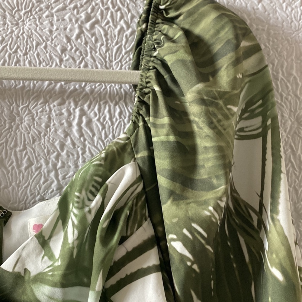 L'ATISTE By Amy Palm Branch Long Lantern Sleeve Ruched Mini Dress - Picture 6 of 11